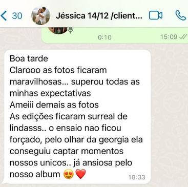 Depoimento de cliente sobre ensaio da Georgia Maria Brasil